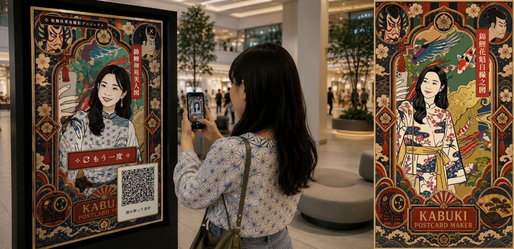 大画面で錦絵風の記念写真をして持ち帰り